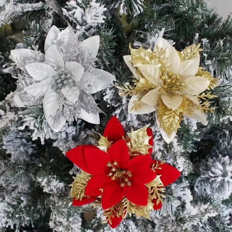 50/10x Large Artificial Sparking Glitter Christmas Flowers DIY Xmas Tree Floral Ornaments Red Poinsettia Flower for Party Decora