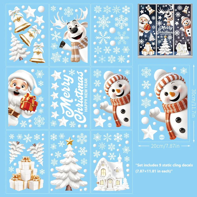 Christmas Window Clings Set Santa Cabin Reindeer Snowman Snowflake Gifts Holiday Static Stickers Mall Balcony Shop Decoration