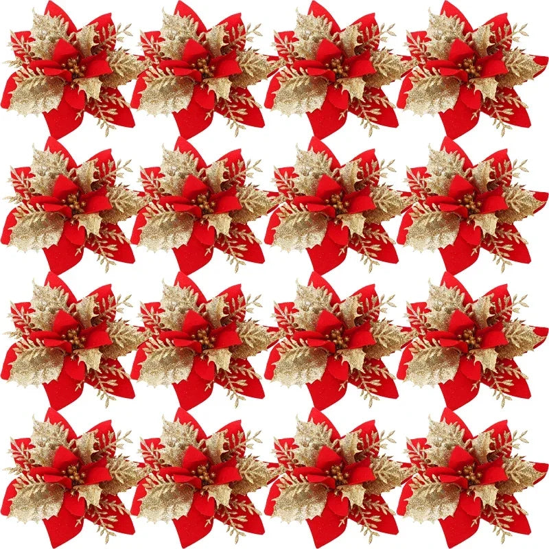 50/10x Large Artificial Sparking Glitter Christmas Flowers DIY Xmas Tree Floral Ornaments Red Poinsettia Flower for Party Decora