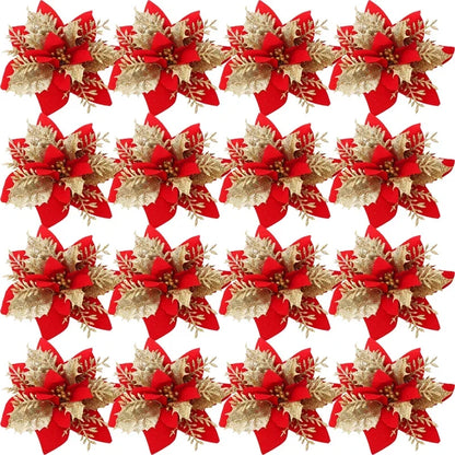 50/10x Large Artificial Sparking Glitter Christmas Flowers DIY Xmas Tree Floral Ornaments Red Poinsettia Flower for Party Decora