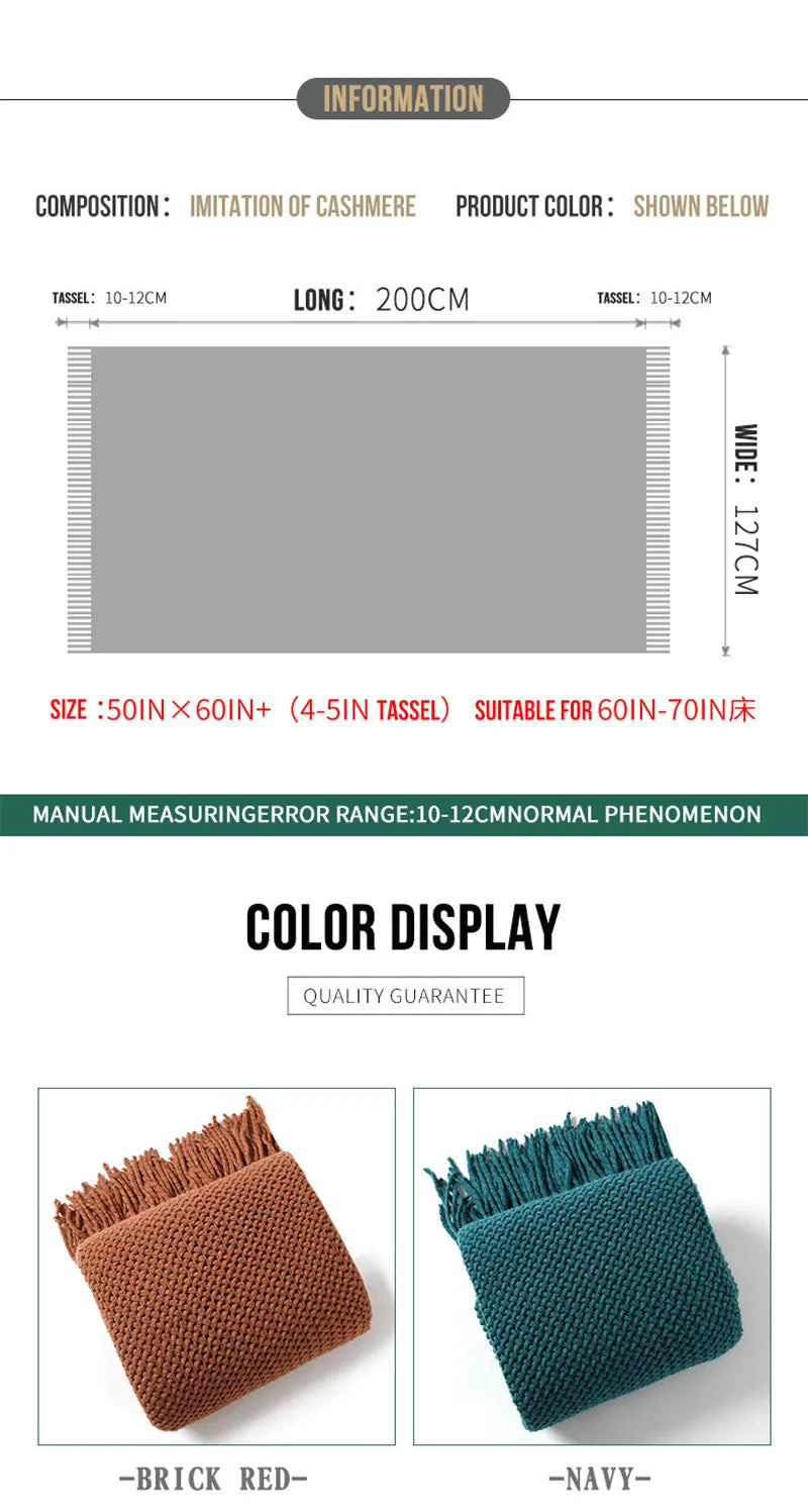 Textile City Nordic Knitted Throw Blanket Shawl Sofa Blanket Soild with Tassels Sofa Scarf Emulation Fleece Bedspread Decor