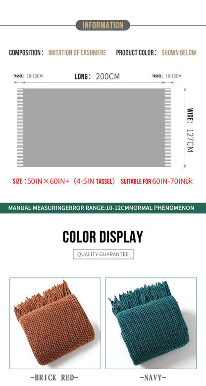 Textile City Nordic Knitted Throw Blanket Shawl Sofa Blanket Soild with Tassels Sofa Scarf Emulation Fleece Bedspread Decor