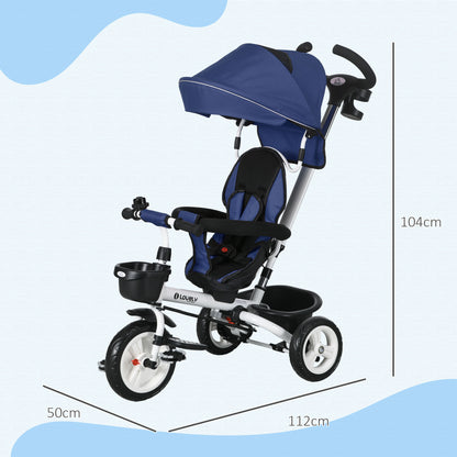 Metal Frame 4 in 1 Baby Push Tricycle with Parent Handle for 1-5 Years Old in Dark Blue | HOMCOM-1