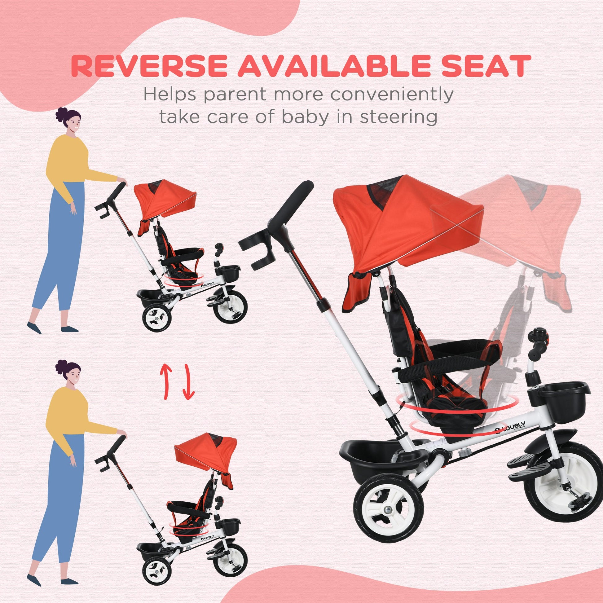 Metal Frame 4 in 1 Baby Push Tricycle with Parent Handle for 1-5 Years Old, Red | HOMCOM-4