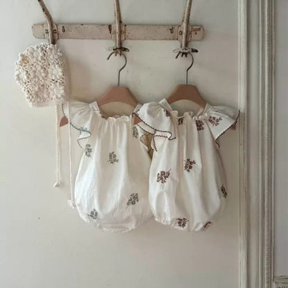 Summer Hot Selling Baby Kids Girls Fly Sleeves Flowers Pattern Embroidered Princess Onesies-1