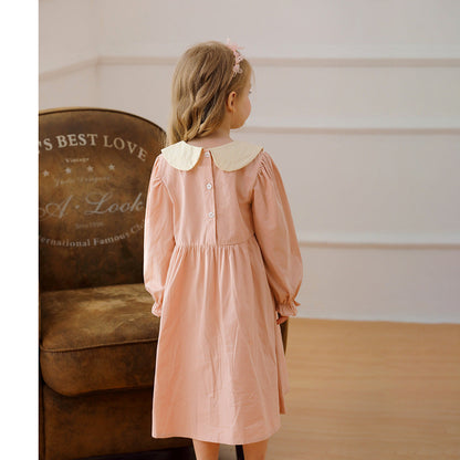 Arrival Autumn Girls Pink Long Sleeves Dress with Teddy Embroidery Pattern-2