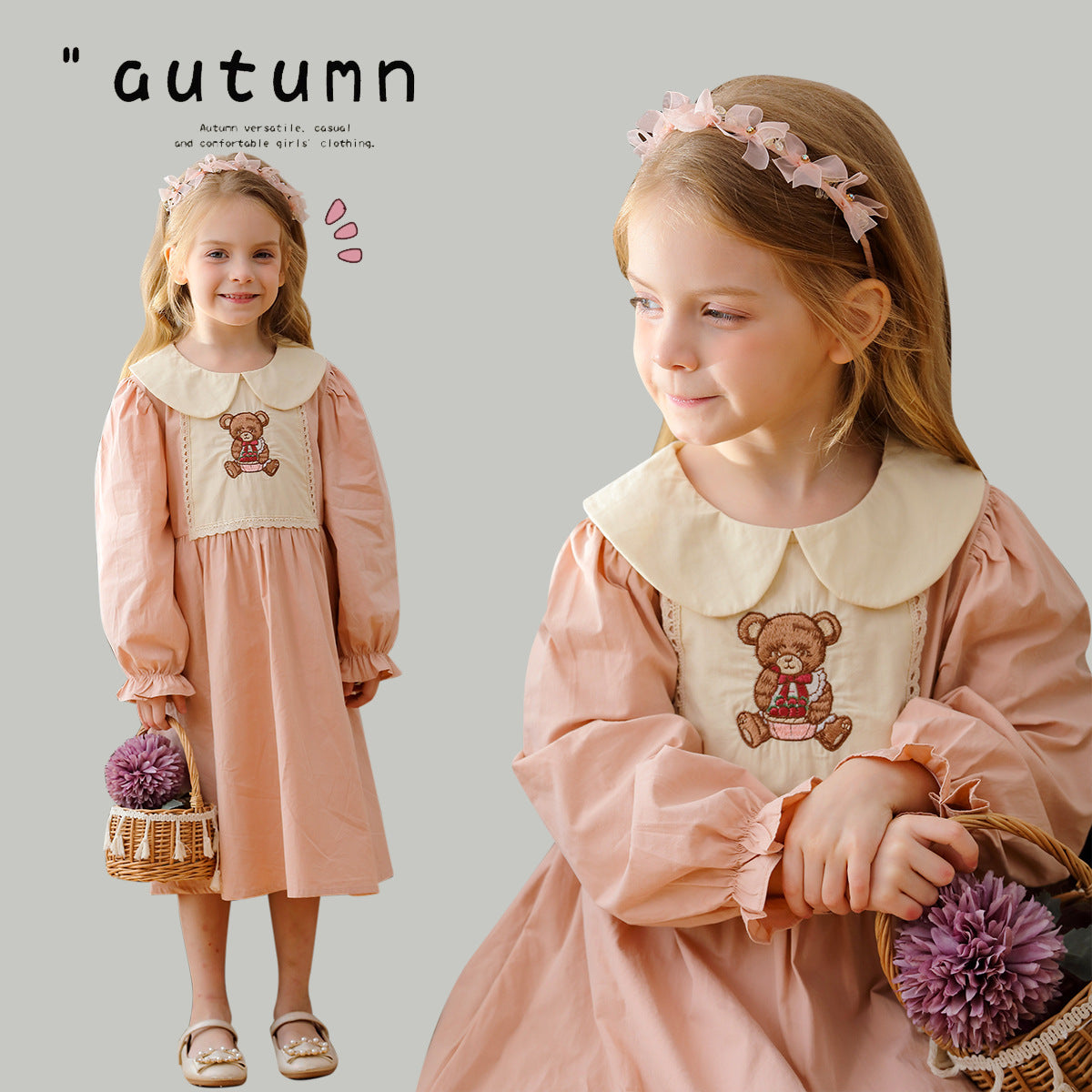 Arrival Autumn Girls Pink Long Sleeves Dress with Teddy Embroidery Pattern-0