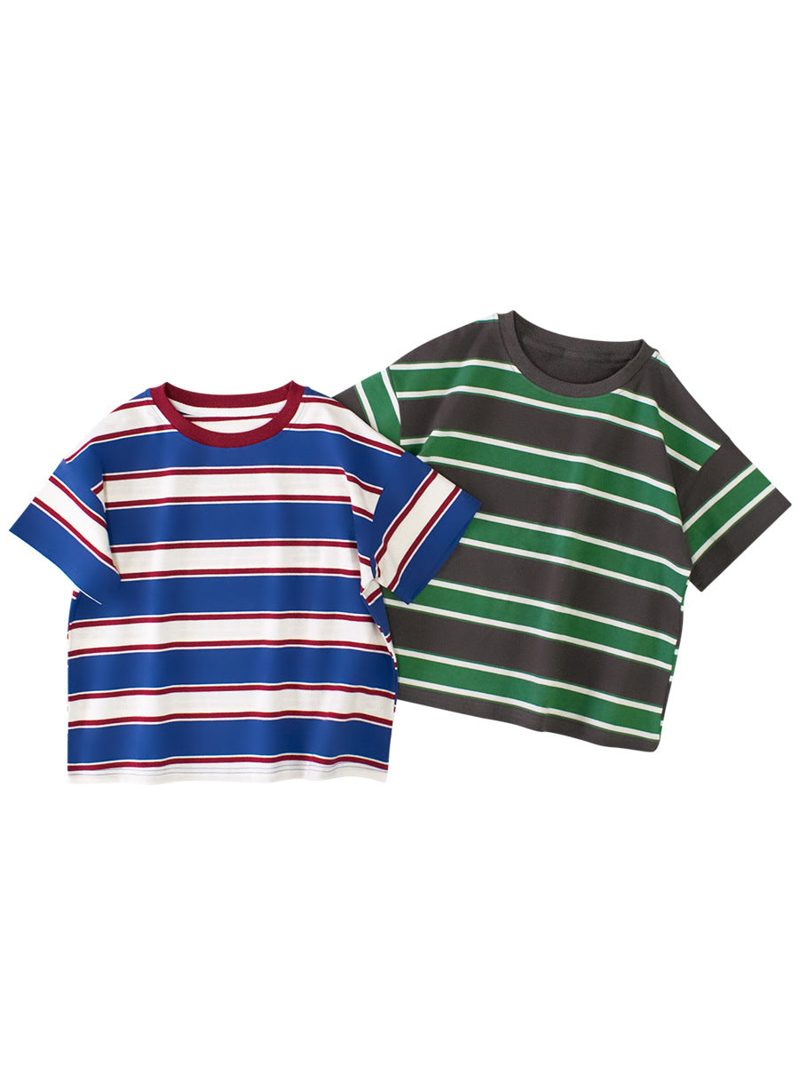 Summer Arrival Children Boys And Girls’ Vintage Striped Loose Short Sleeves T-Shirt In European And American Style For Summer-0