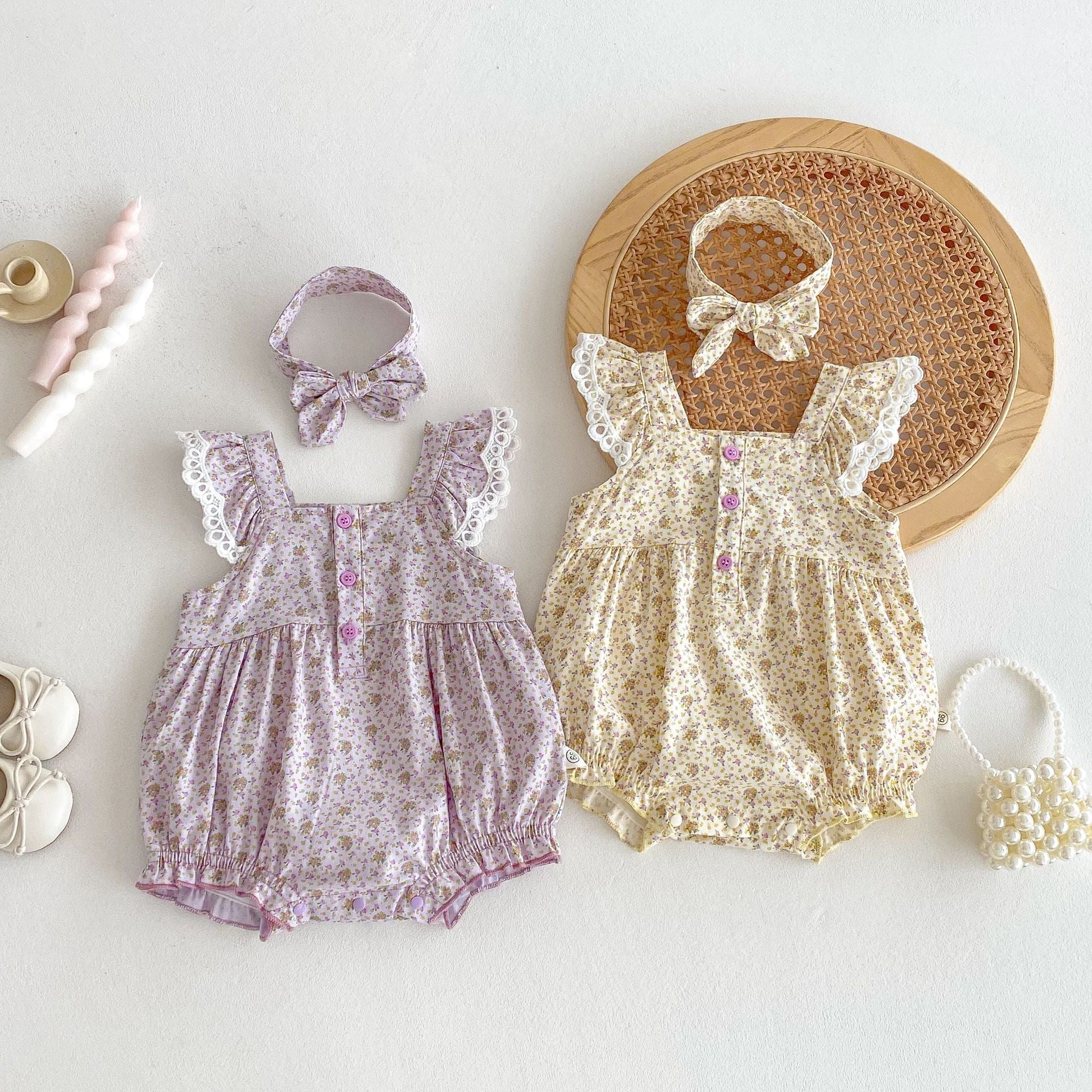 Summer Arrival Baby Girls Cute Floral Pattern Fly Sleeves Onesies-0